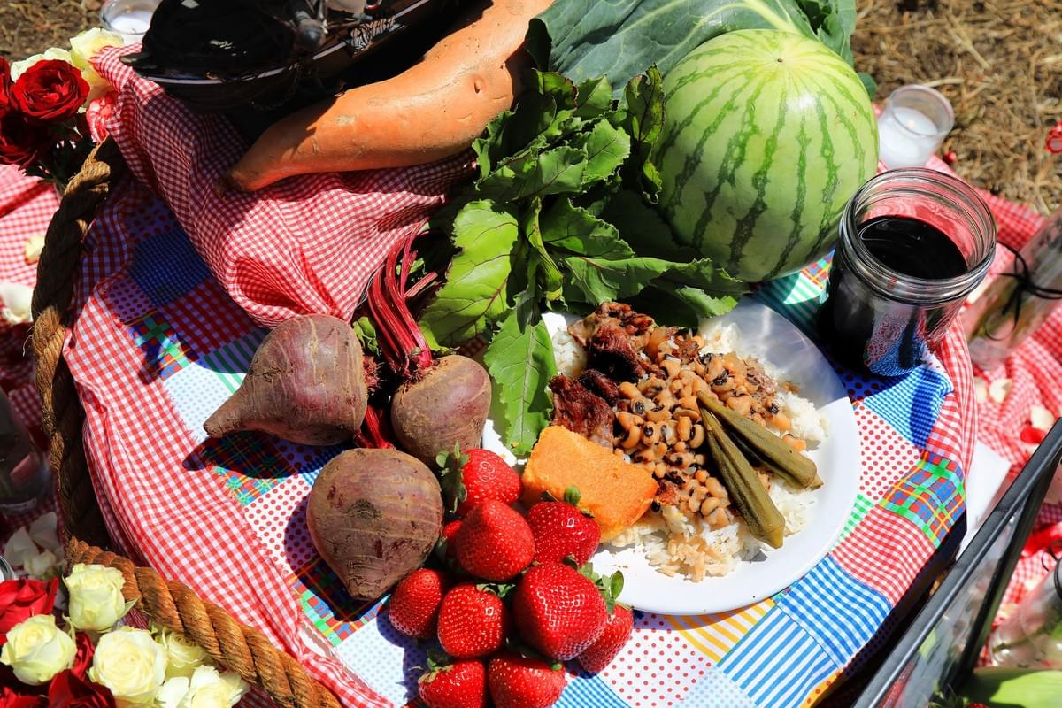 Foods on the Juneteenth altar include beets, strawberries, watermelon, yams and hibiscus tea, as well as a plate of black-eyed peas and cornbread.Credit...Jim Wilson/The New York Times Foods on the Juneteenth altar include beets, strawberries, watermelon, yams and hibiscus tea, as well as a plate of black-eyed peas and cornbread.Credit...Jim Wilson/The New York Times