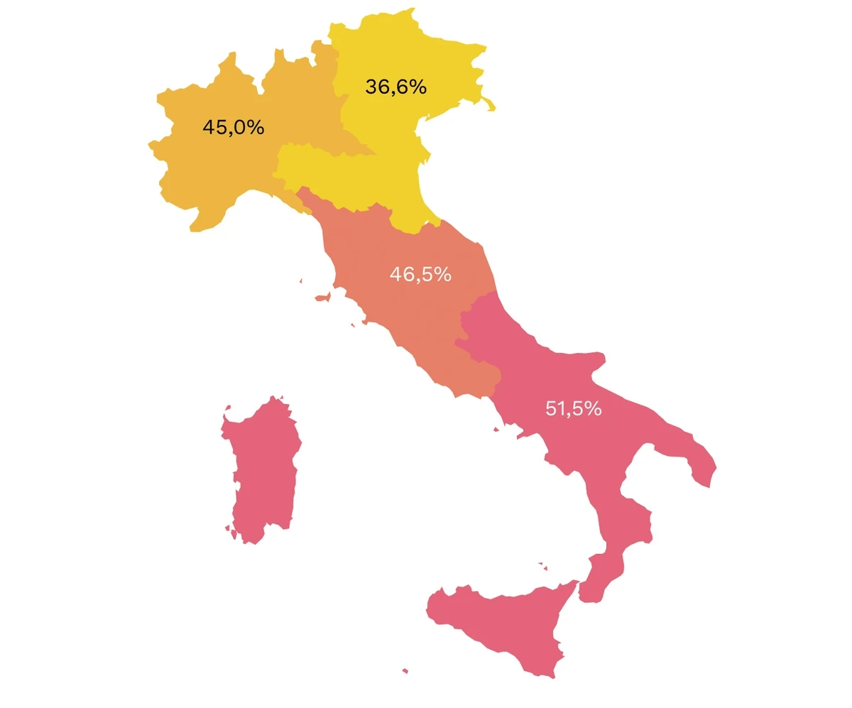 Percentuali relative a quanti affermano di essere seriamente preoccupati per il Coronavirus, suddivise per Area Geografica. N. rispondenti=1995 Percentuali relative a quanti affermano di essere seriamente preoccupati per il Coronavirus, suddivise per Area Geografica. N. rispondenti=1995