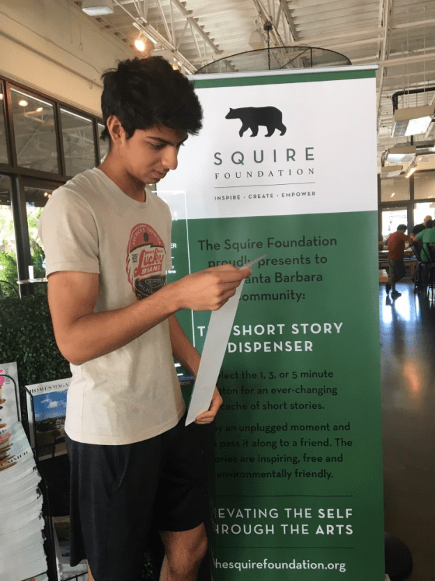 Kian Pardis, a 2019 graduate of Santa Barbara High School, thought the three-minute story he got from the Short Story Dispenser was “cool.” Pardis is heading to the University Edinburgh, Scotland in the Fall. He says he’ll check out one of the three Dispensers that are at Canary Wharf, in London Kian Pardis, a 2019 graduate of Santa Barbara High School, thought the three-minute story he got from the Short Story Dispenser was “cool.” Pardis is heading to the University Edinburgh, Scotland in the Fall. He says he’ll check out one of the three Dispensers that are at Canary Wharf, in London