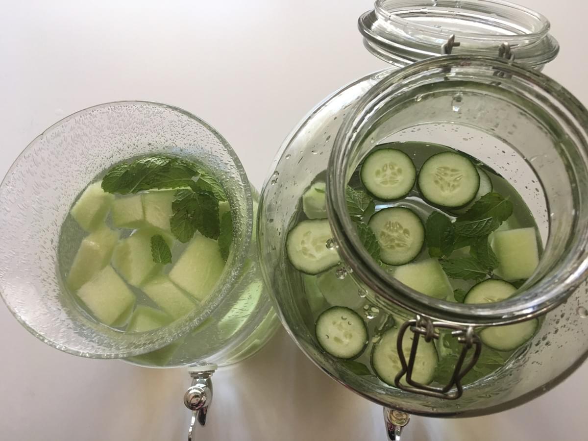 Our flavored waters (left: honeydew and mint; right: honeydew, mint, cucumber) Our flavored waters (left: honeydew and mint; right: honeydew, mint, cucumber)