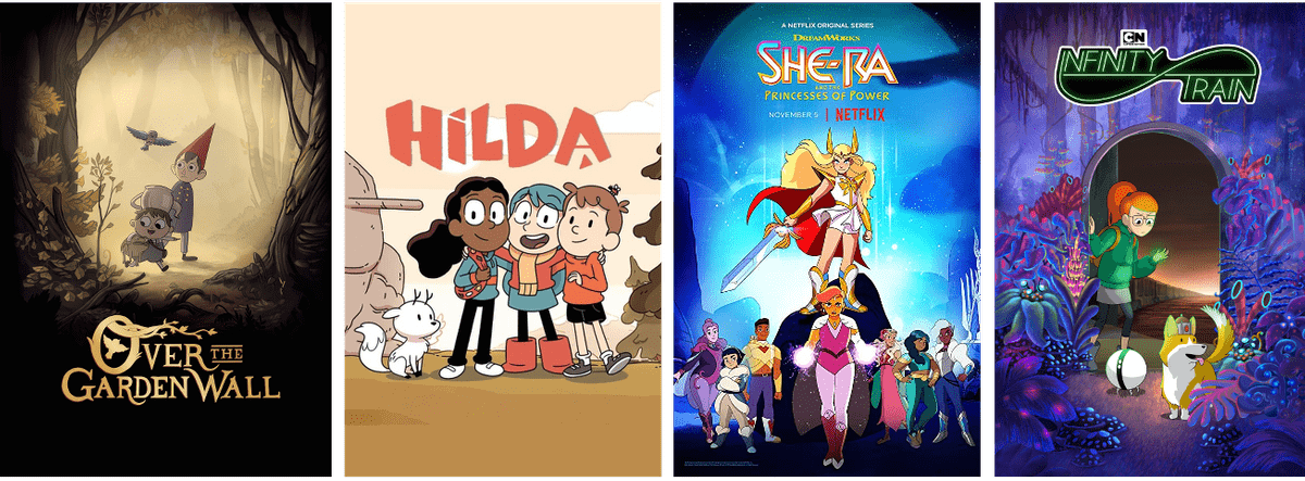TV show posters: Over the Garden Wall, Hilda, She-Ra and the Princesses of Power, Infinity Train TV show posters: Over the Garden Wall, Hilda, She-Ra and the Princesses of Power, Infinity Train