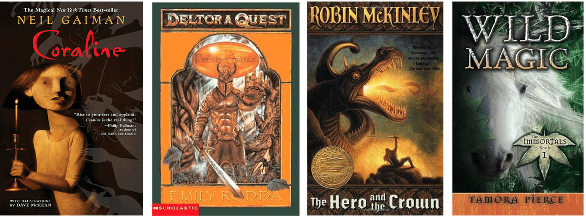 book covers: Coraline, Deltora Quest, The Hero and the Crown, Wild Magic book covers: Coraline, Deltora Quest, The Hero and the Crown, Wild Magic