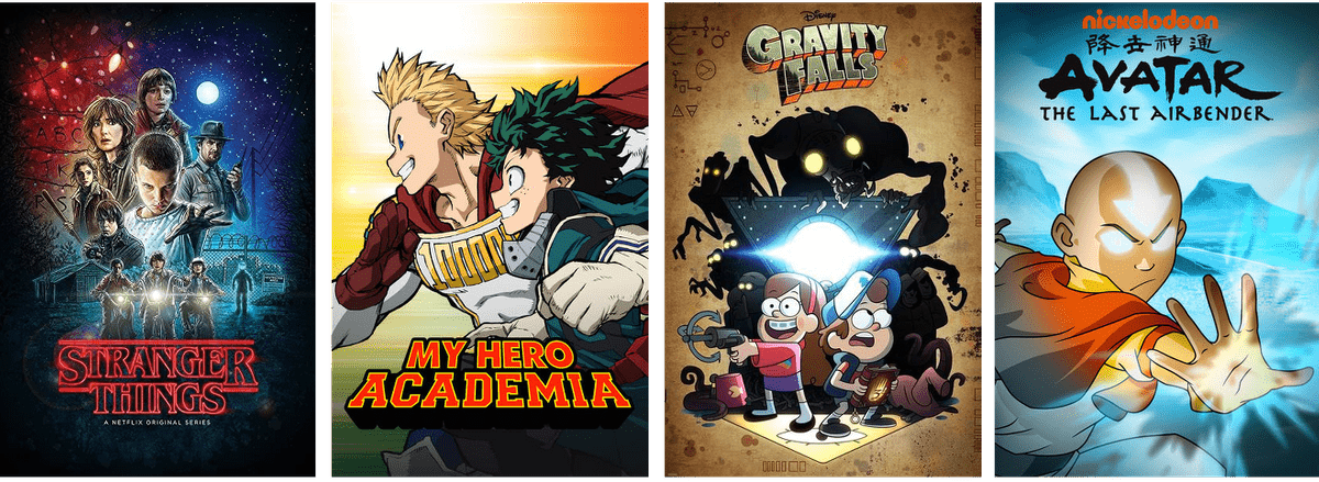 TV show posters: Stranger Things, My Hero Academia, Gravity Falls, Avatar the Last Airbender TV show posters: Stranger Things, My Hero Academia, Gravity Falls, Avatar the Last Airbender