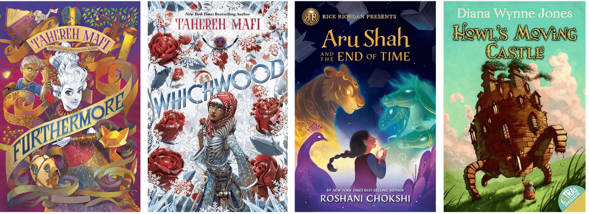 Book covers: Furthermore, Whichwood, Aru Shah and the End of Time, Howl's Moving Castle Book covers: Furthermore, Whichwood, Aru Shah and the End of Time, Howl's Moving Castle