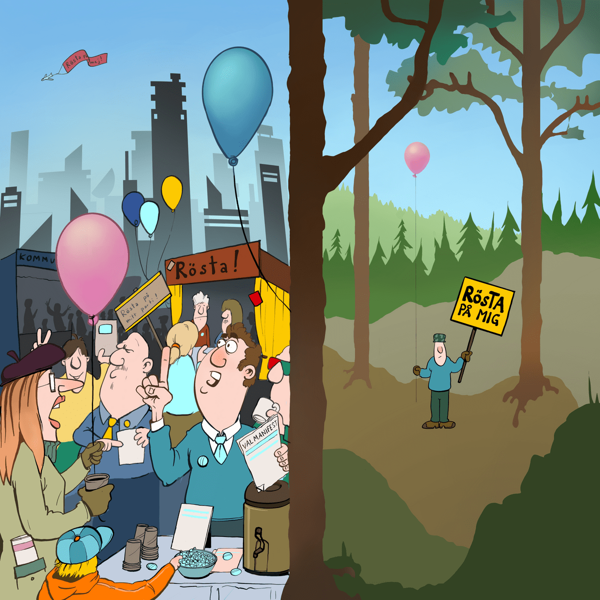 Illustration för Kommuntorget. Bilden föreställer en livlig kommunalvalskampanj i en stad, och en ensam kommunalvalskandidat som för kampanj i en skog. Illustration för Kommuntorget. Bilden föreställer en livlig kommunalvalskampanj i en stad, och en ensam kommunalvalskandidat som för kampanj i en skog.