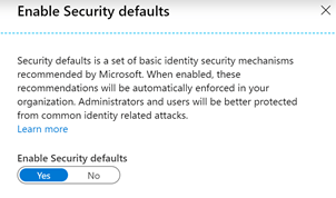 Turning on security defaults Turning on security defaults
