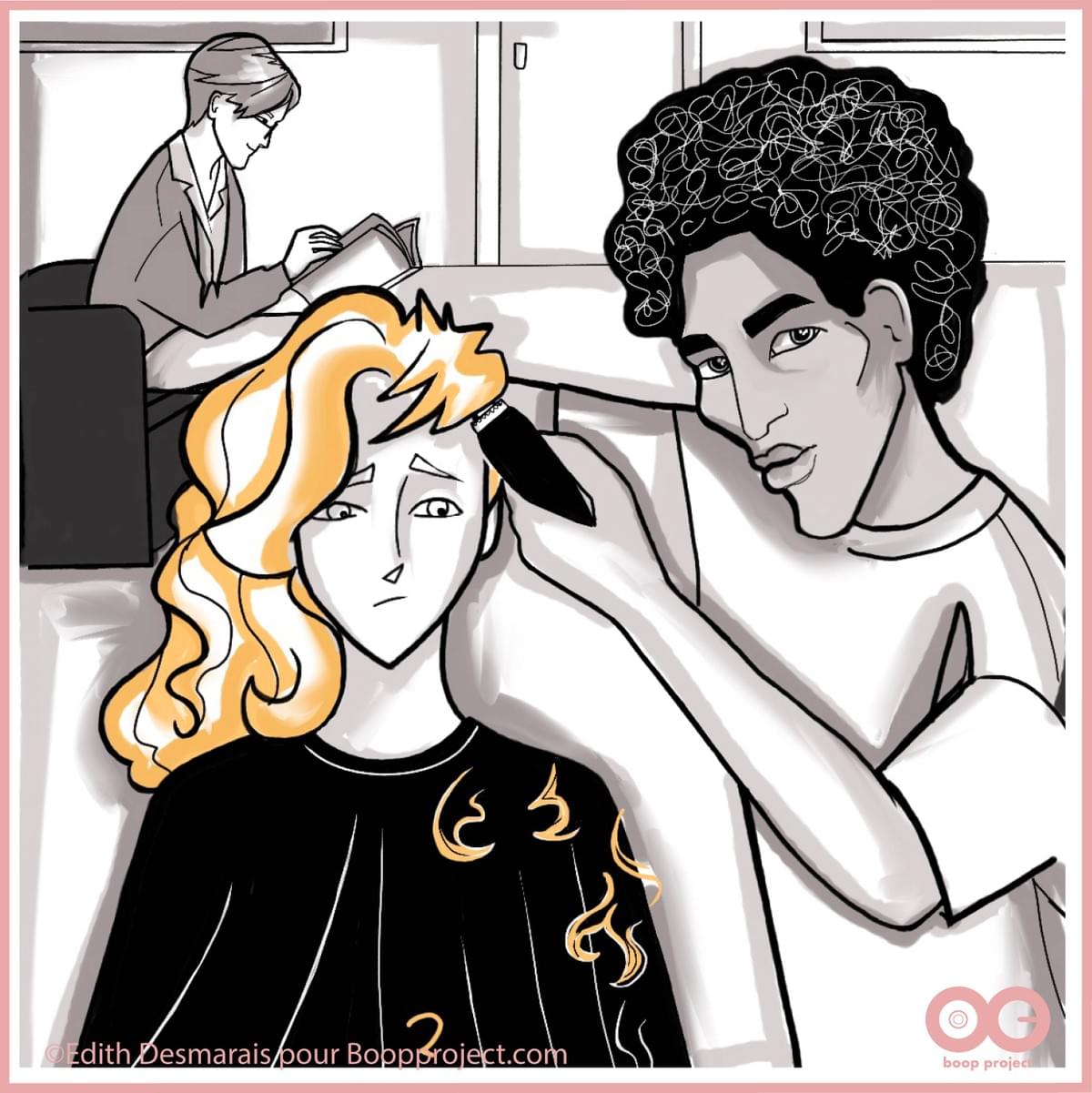 Illustration Edith Desmarais: cancer du sein, coupe de cheveux Illustration Edith Desmarais: cancer du sein, coupe de cheveux