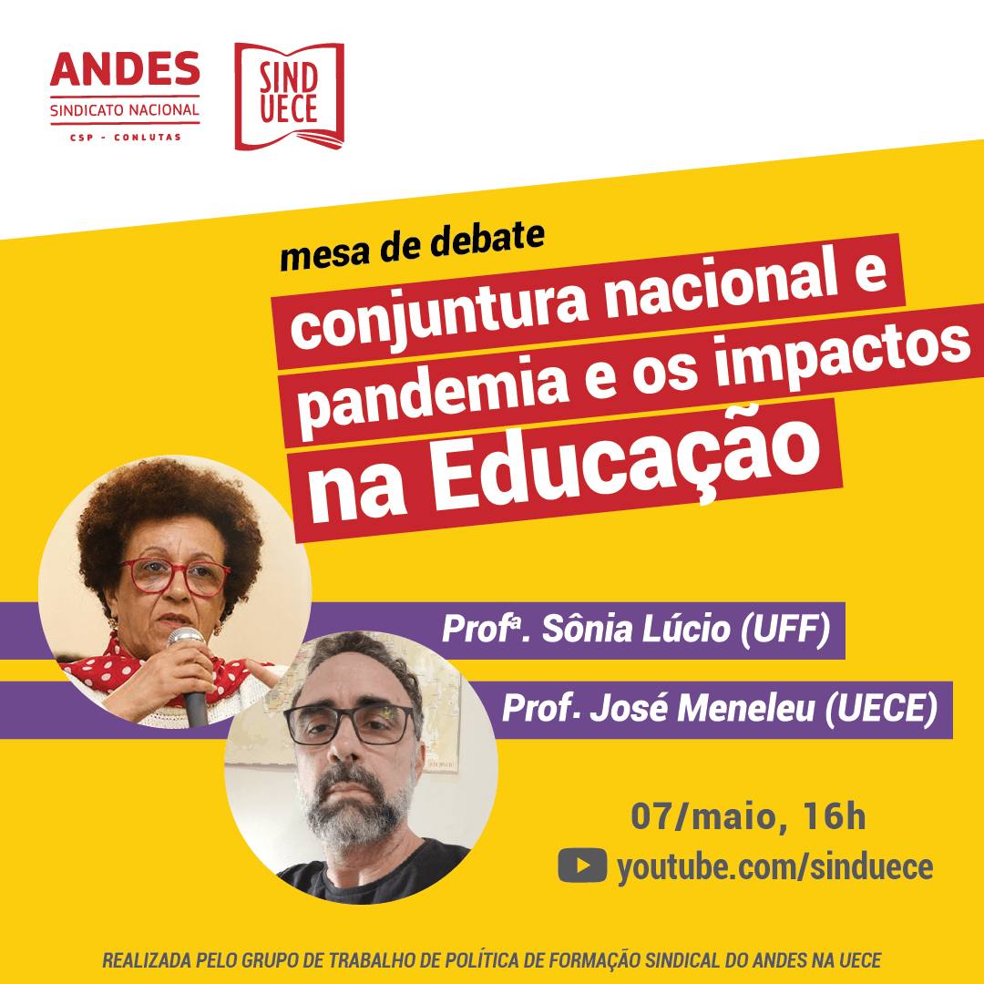 Cartaz de divulgação do evento com plano de fundo amarelo, as informações sobre o debate e a foto dos participantes Cartaz de divulgação do evento com plano de fundo amarelo, as informações sobre o debate e a foto dos participantes
