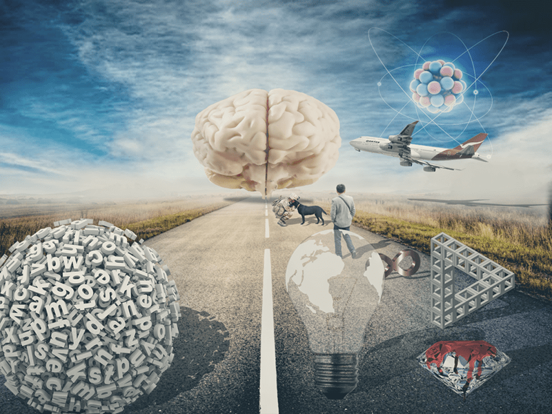 Image shows a two-way road with a brain at the far end of it. On one side of the road, images proceed towards one half of the brain. On the other, text. Image shows a two-way road with a brain at the far end of it. On one side of the road, images proceed towards one half of the brain. On the other, text.