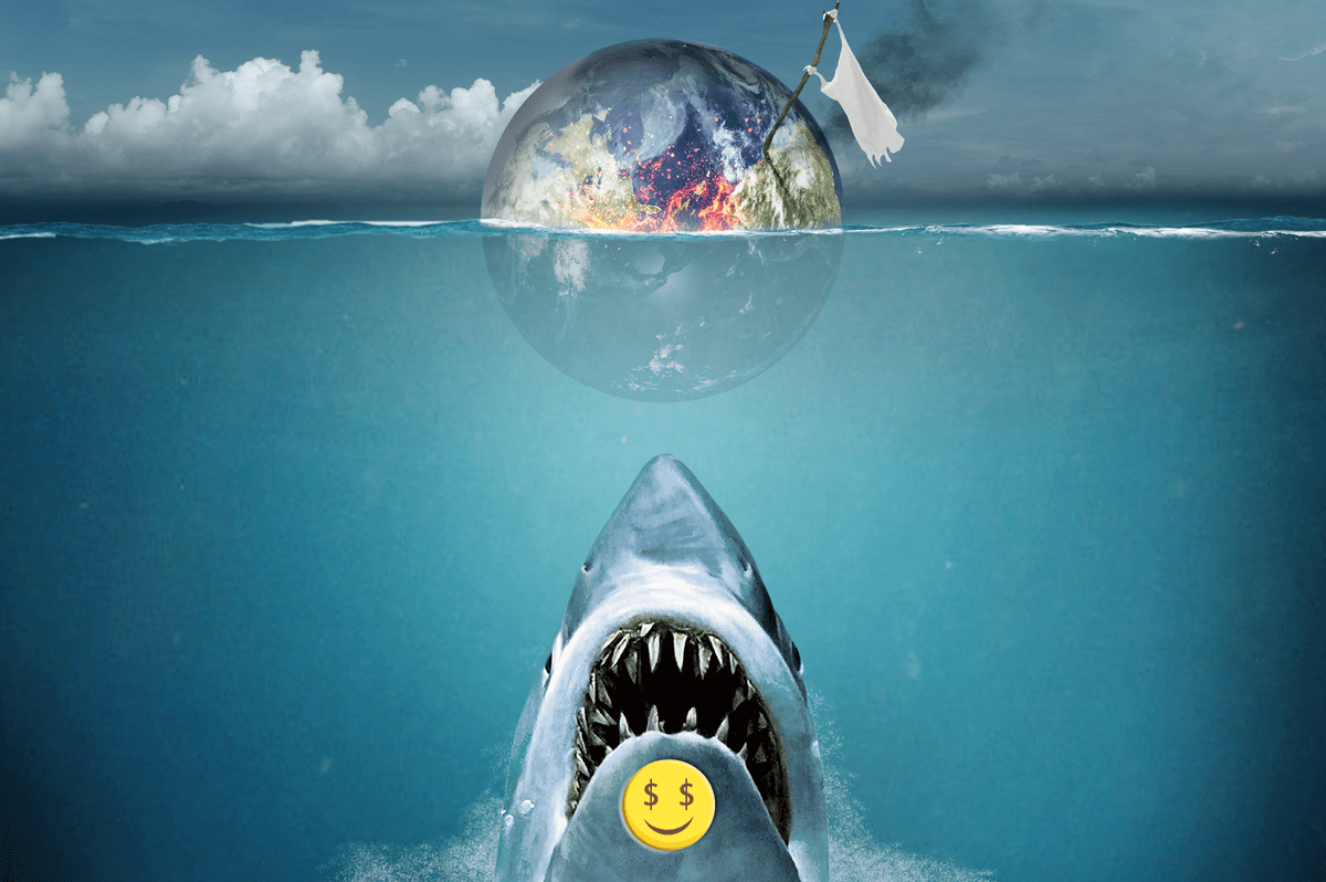 This image uses the iconic 'Jaws' poster as the basis for how capitalism in the form of the rising shark heading for the sea surface is about toi attack the swimmer (the planet, already drowning_ This image uses the iconic 'Jaws' poster as the basis for how capitalism in the form of the rising shark heading for the sea surface is about toi attack the swimmer (the planet, already drowning_
