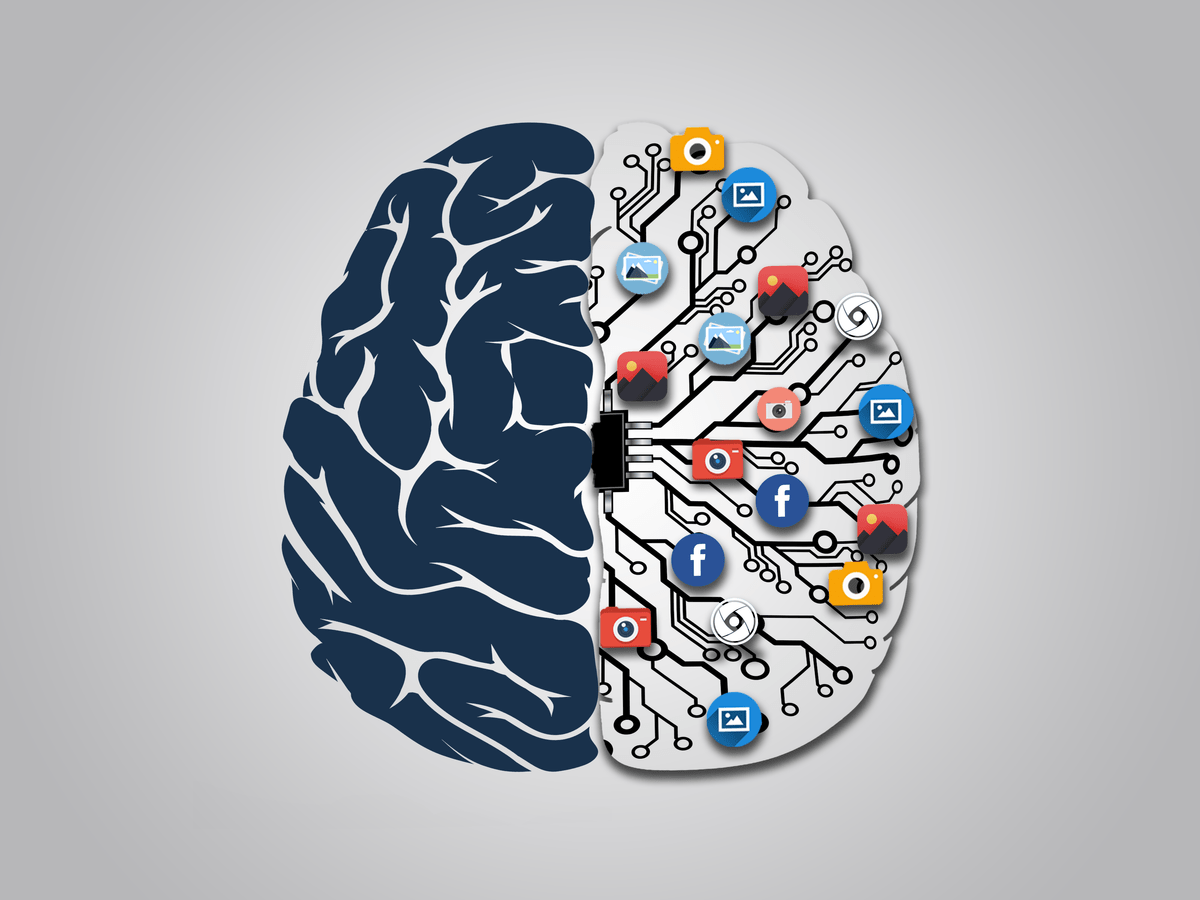 Image shows brain divided in two, with one half made to look like a circuit or node board, with icons representing our visual culture like Pinterest, Facebook, Instagram and Twitter distributed over half the brain's nodes. Image shows brain divided in two, with one half made to look like a circuit or node board, with icons representing our visual culture like Pinterest, Facebook, Instagram and Twitter distributed over half the brain's nodes.