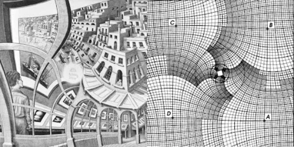 Prentententoonstellig van Escher met het wiskundige rooster dat als basis diende voor de litho. Prentententoonstellig van Escher met het wiskundige rooster dat als basis diende voor de litho.