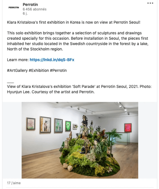 Example of a post from the Galerie Perrotin, to announce an exhibition of Klara Kristalova Example of a post from the Galerie Perrotin, to announce an exhibition of Klara Kristalova