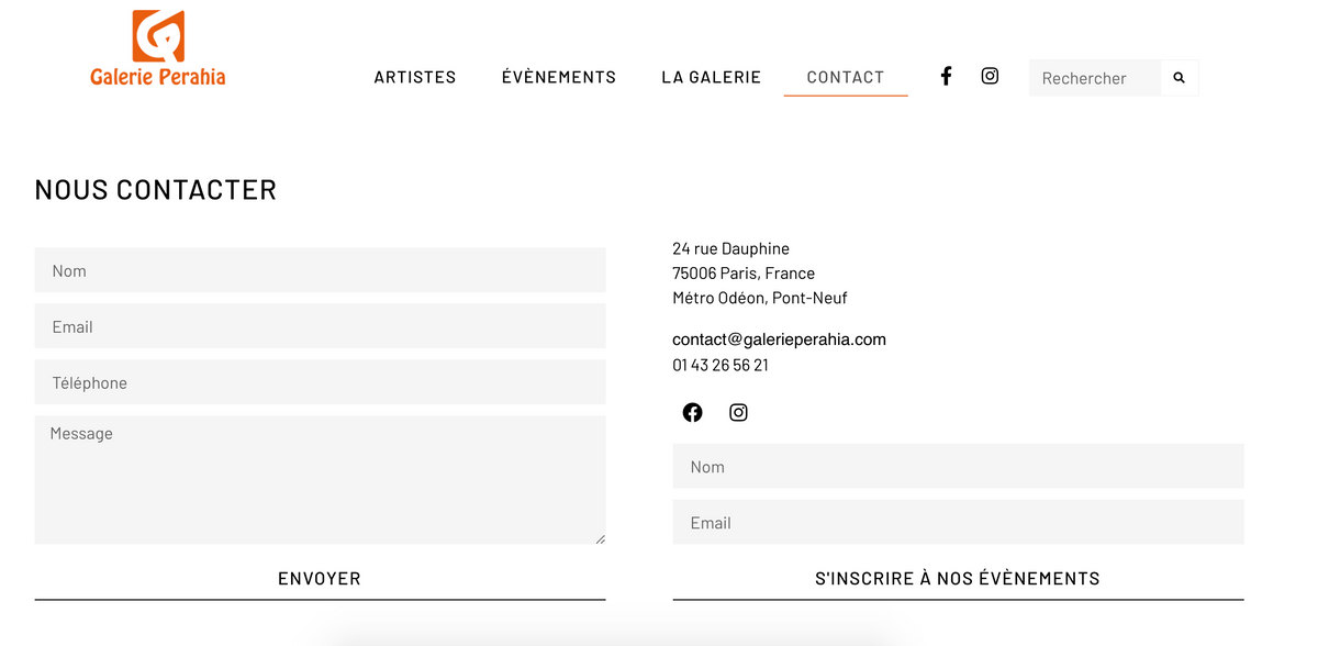 Page de contact de la galerie Perahia Page de contact de la galerie Perahia