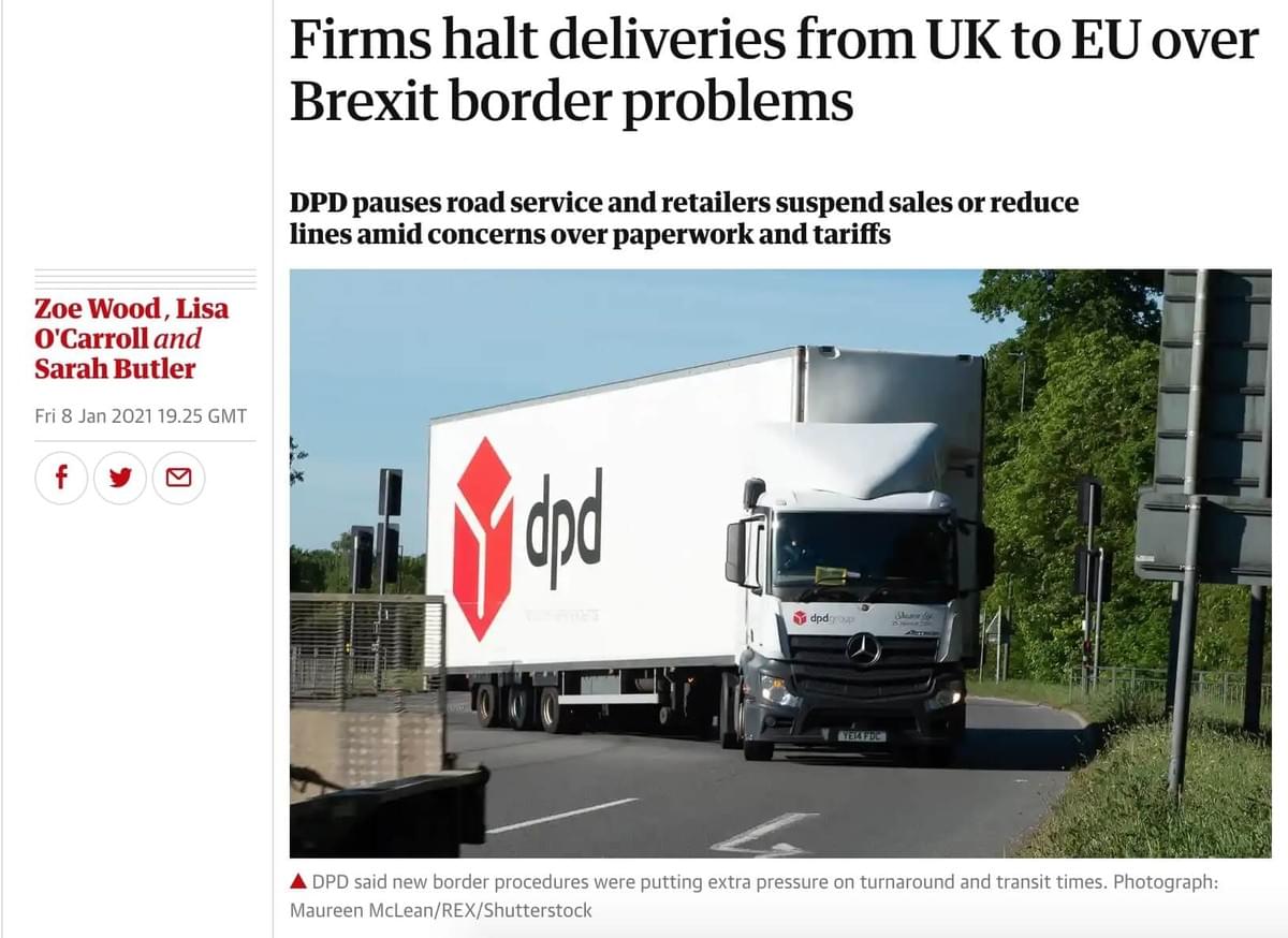 Article du Guardian traitant des problèmes de transport post-Brexit, Firms halt deliveries from UK to EU over Brexit border problems Article du Guardian traitant des problèmes de transport post-Brexit, Firms halt deliveries from UK to EU over Brexit border problems