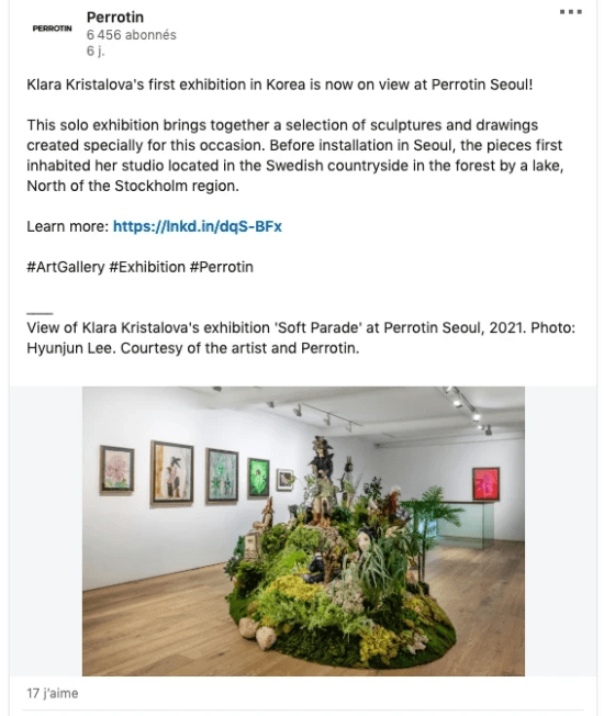 Exemple de post de la Galerie Perrotin, pour annoncer une exposition de Klara Kristalova Exemple de post de la Galerie Perrotin, pour annoncer une exposition de Klara Kristalova
