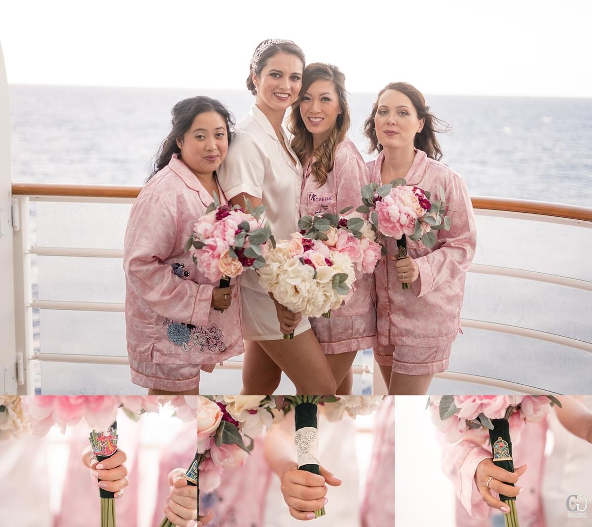 disney cruise line wedding castaway cay bahamas carribean cruise photos of bride and bridesmaids with flower bouquet and Disney pins disney cruise line wedding castaway cay bahamas carribean cruise photos of bride and bridesmaids with flower bouquet and Disney pins