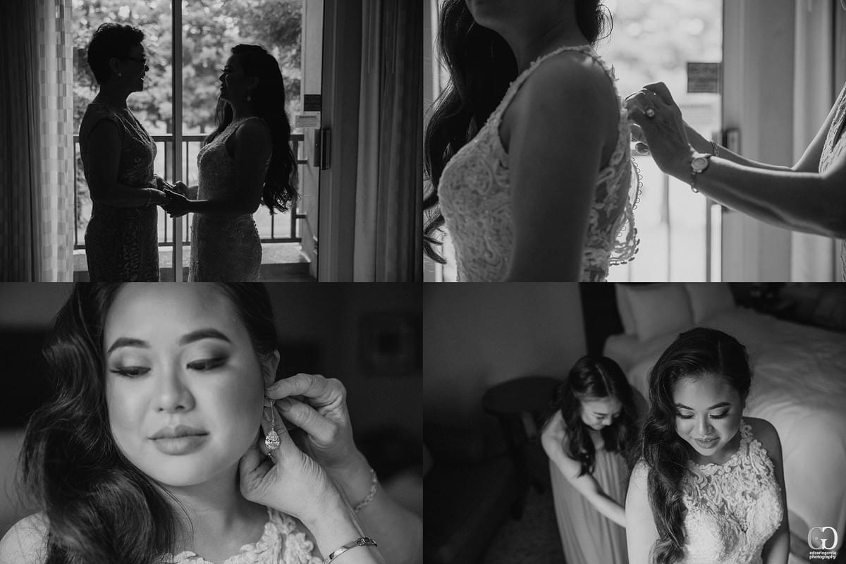 bridges golf club wedding san ramon photographer getting ready marriot bride with mom putting on her earings and her dress black and white filipino cambodian wedding bridges golf club wedding san ramon photographer getting ready marriot bride with mom putting on her earings and her dress black and white filipino cambodian wedding