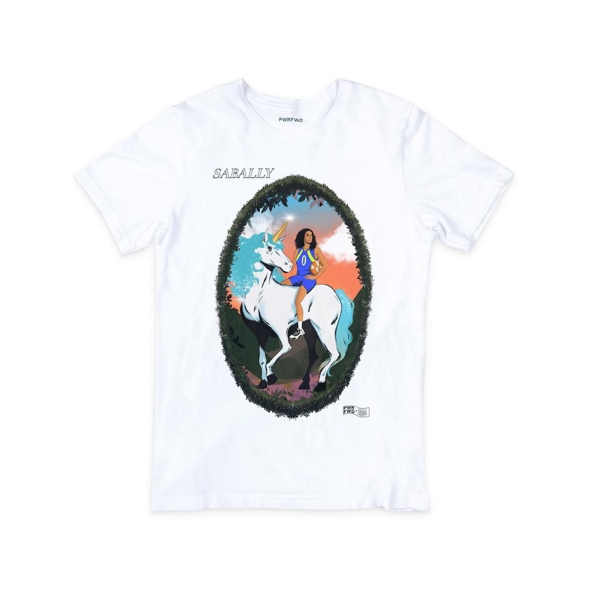 White T-shirt with oval containing Satou riding a white unicorn with blue mane. White T-shirt with oval containing Satou riding a white unicorn with blue mane.