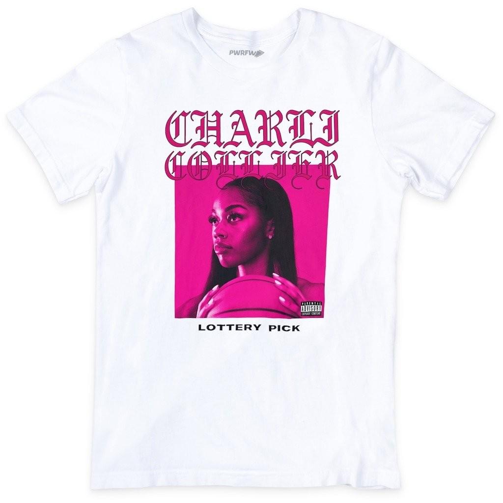 White T-Shirt with "Charlie Collier" and "Lottery Pick" written over a square picture of Charli with a Parental Advisory label in the corner, like an album cover. White T-Shirt with "Charlie Collier" and "Lottery Pick" written over a square picture of Charli with a Parental Advisory label in the corner, like an album cover.