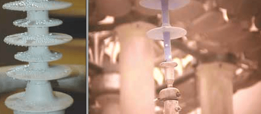 Pre-test results on short insulators. (left) Insulator covered by water drops produced by hand spray according to IEC TS 62073. (right) Water drop corona observed by UV camera Pre-test results on short insulators. (left) Insulator covered by water drops produced by hand spray according to IEC TS 62073. (right) Water drop corona observed by UV camera