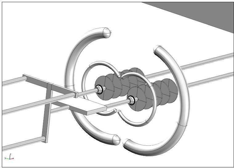Geometry of the double tension string 400 kV with double opened corona rings. Geometry of the double tension string 400 kV with double opened corona rings.