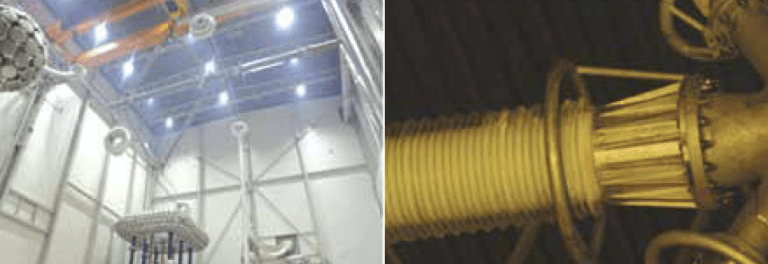 Example of application of WDCI test for full-scale, three-phase insulation arrangement for 420 kV voltage class. (left) Set-up. (right) Absence of corona activity. Example of application of WDCI test for full-scale, three-phase insulation arrangement for 420 kV voltage class. (left) Set-up. (right) Absence of corona activity.