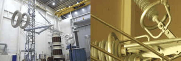 Example of application WDCI test for full-scale insulated cross-arm for 380 kV voltage class. (left) Set-up. (right) Absence of corona activity. Example of application WDCI test for full-scale insulated cross-arm for 380 kV voltage class. (left) Set-up. (right) Absence of corona activity.