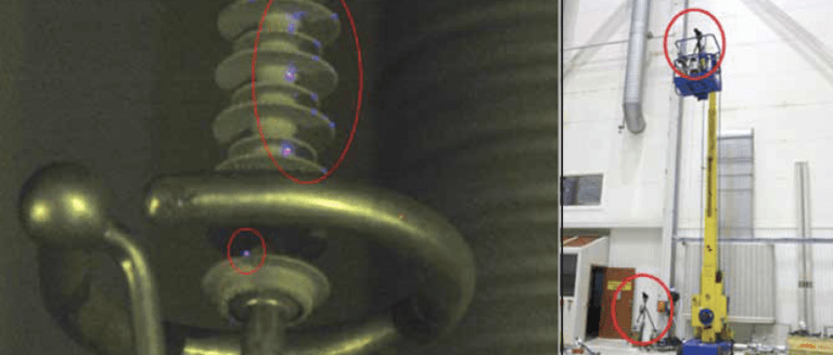 Evaluation of detection techniques. (left) Water drop corona documented by still camera with shutter time 30s. (right) Example of two-height positioning of cameras (marked by red circles) during test Evaluation of detection techniques. (left) Water drop corona documented by still camera with shutter time 30s. (right) Example of two-height positioning of cameras (marked by red circles) during test