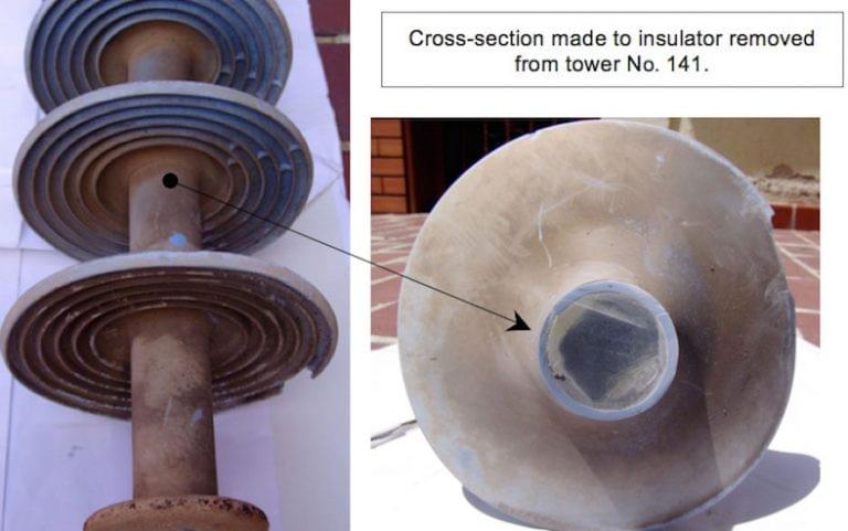 Cross-section made to insulator removed from tower Cross-section made to insulator removed from tower