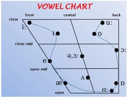 vowel chart mô tả vị trí của đúng của lưỡi và độ mở của miệng khi phát âm các nguyên âm. Một mẹo để có thể nhớ đúng vị trí các nguyên âm này là khi bạn nối các vị trí này lại, bạn có 1 đường cong tương tự như hình lưỡi của chính bạn. vowel chart mô tả vị trí của đúng của lưỡi và độ mở của miệng khi phát âm các nguyên âm. Một mẹo để có thể nhớ đúng vị trí các nguyên âm này là khi bạn nối các vị trí này lại, bạn có 1 đường cong tương tự như hình lưỡi của chính bạn.