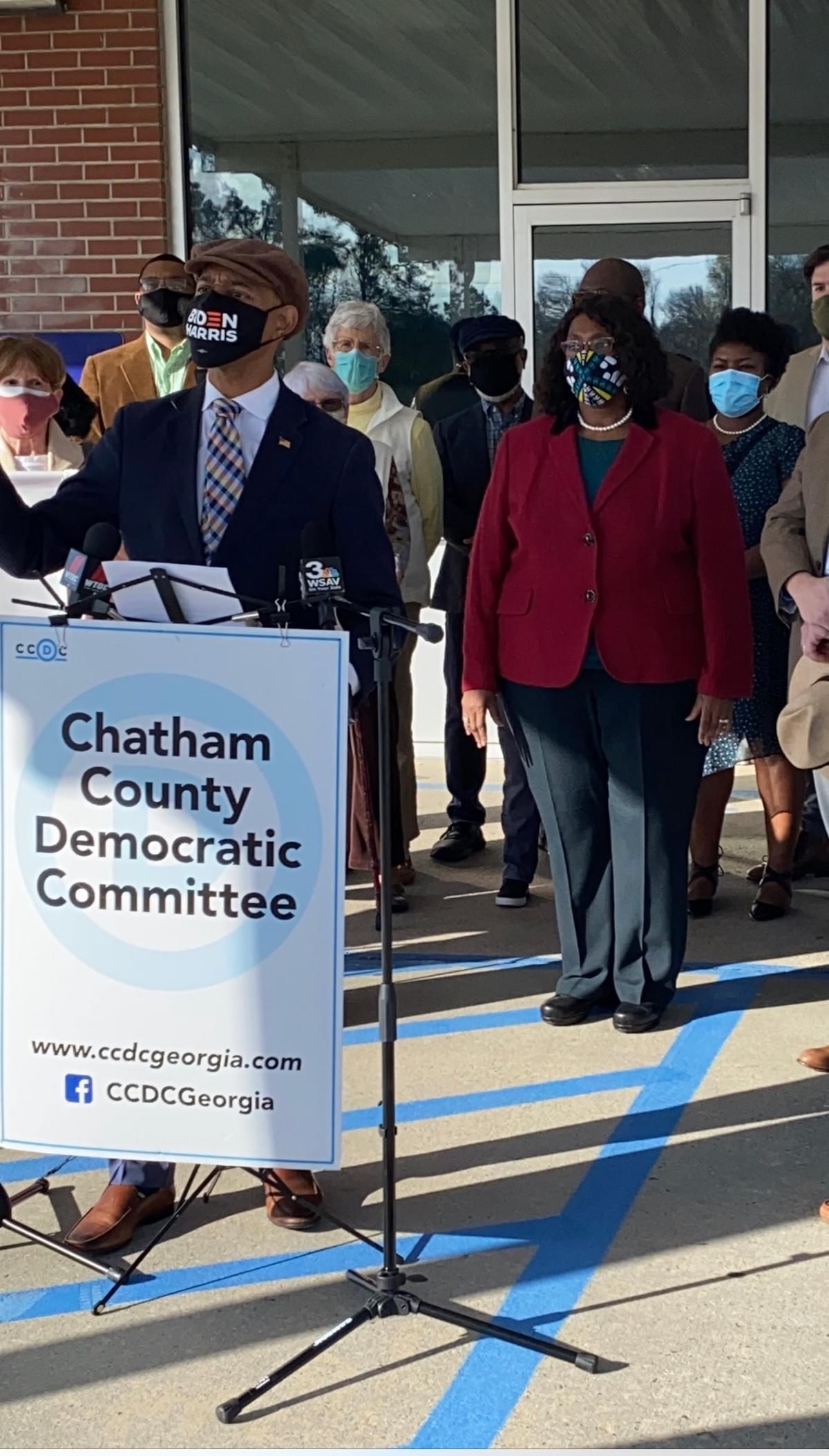 Speaker: Jay Jones, Chairman, Chatham County Democratic Committee, Center in Red: Mayor Pro-Tiem, Dr. Estella Edwards Shabazz Speaker: Jay Jones, Chairman, Chatham County Democratic Committee, Center in Red: Mayor Pro-Tiem, Dr. Estella Edwards Shabazz
