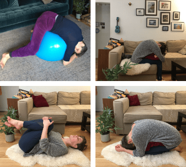 4 different positions to breathe in to mobilize your diaphragm and back. Draped belly down over and exercise ball, sitting on a couch leaned forward over a cushion, on the floor on your back knees bent and held into chest, child's pose with back curled and head on floor. 4 different positions to breathe in to mobilize your diaphragm and back. Draped belly down over and exercise ball, sitting on a couch leaned forward over a cushion, on the floor on your back knees bent and held into chest, child's pose with back curled and head on floor.