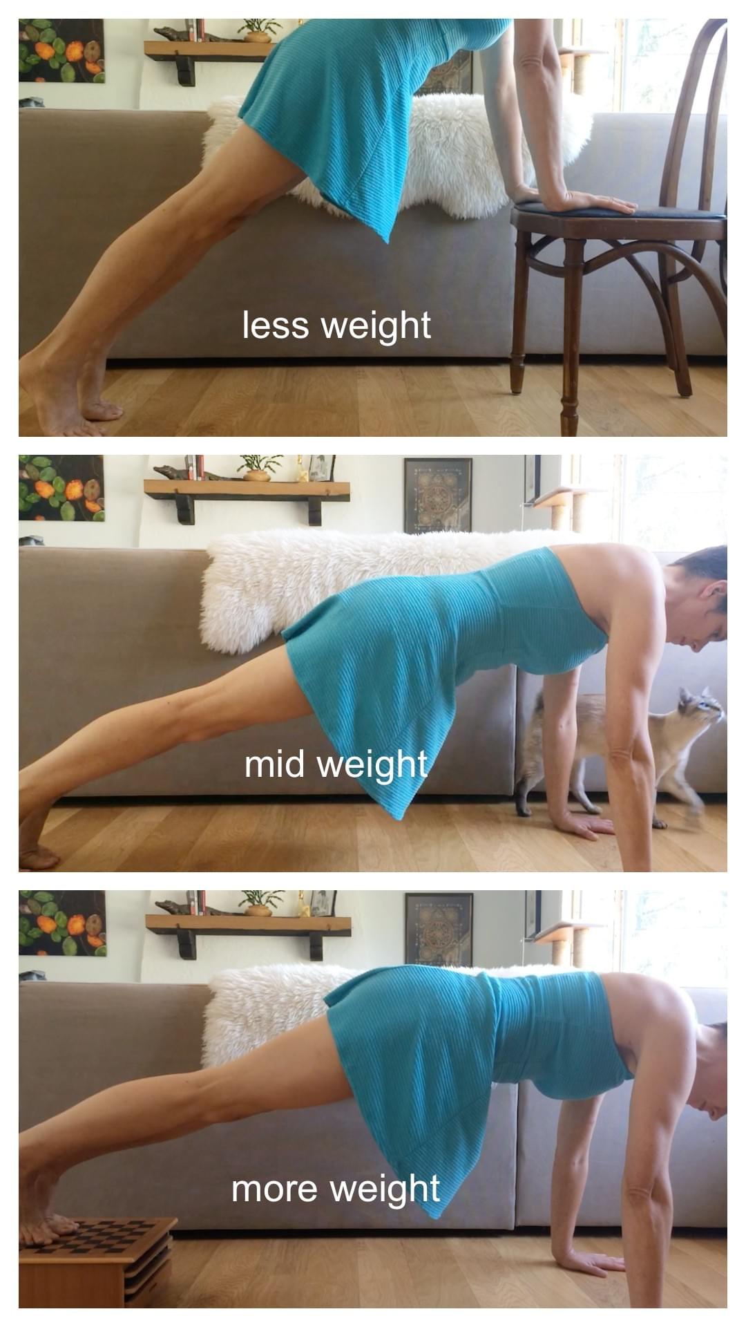 Loading the wrists in a plank position. Easiest with hands on a chair, midweight with hands on floor and more weight with hands on the floor and the feet elevated on top of a block or stool. Loading the wrists in a plank position. Easiest with hands on a chair, midweight with hands on floor and more weight with hands on the floor and the feet elevated on top of a block or stool.