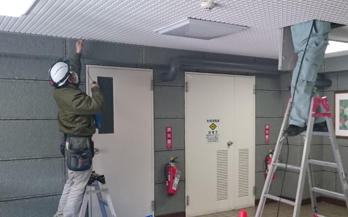 ドーム型監視カメラの配線を天井内に配線中 ドーム型監視カメラの配線を天井内に配線中