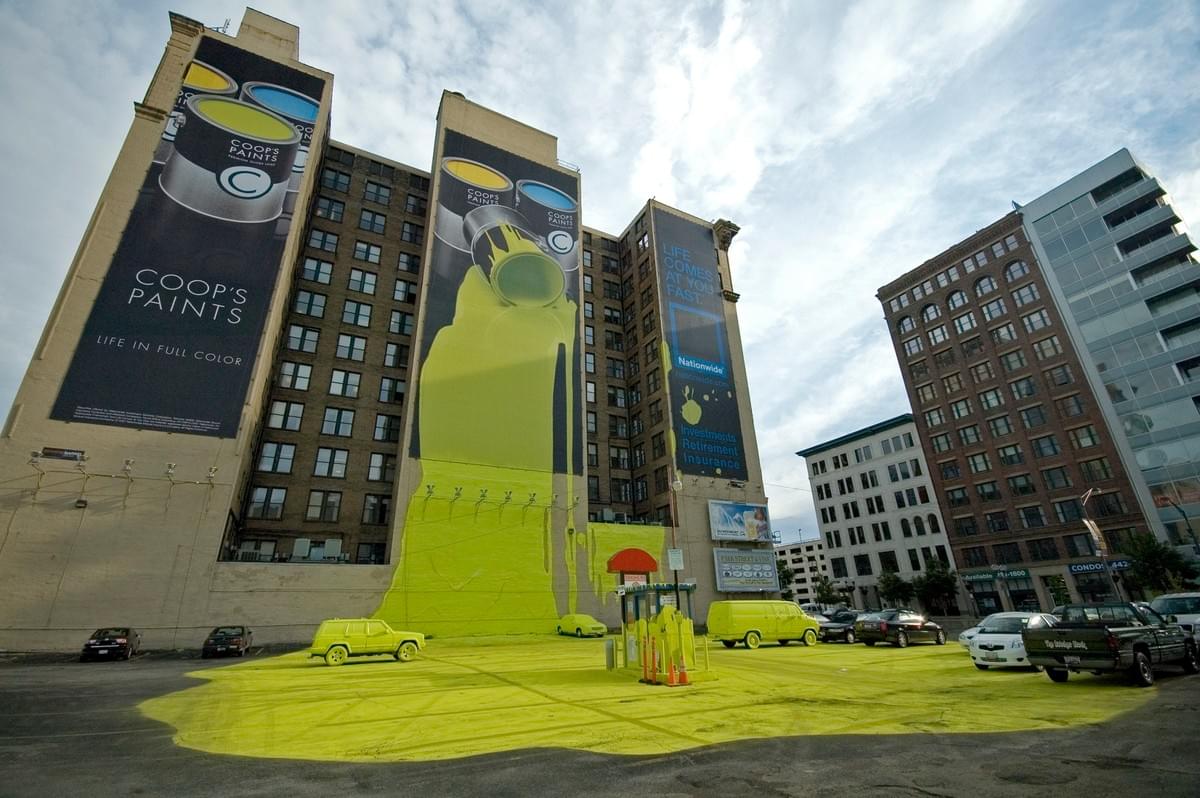 Nationwide Insurance promotion: "Life Comes At You Fast" triple panel building wraps Nationwide Insurance promotion: "Life Comes At You Fast" triple panel building wraps
