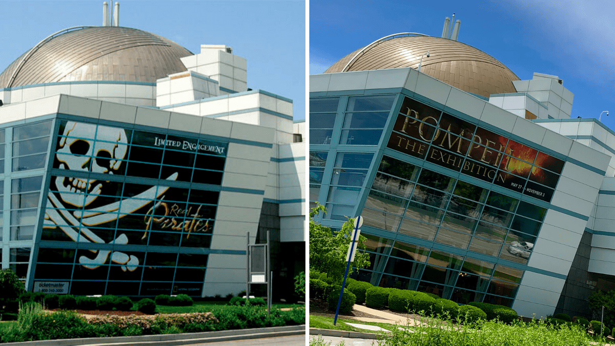 Window Graphics promotions mounted on St. Louis Science Center Window Graphics promotions mounted on St. Louis Science Center