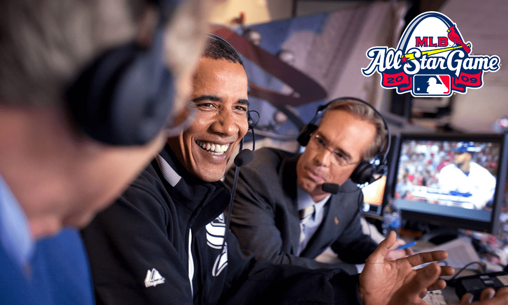 President Barack Obama joins Fox Sports announcers Joe Buck, right, and Tim McCarver, left, in the broadcast booth at the MLB All-Star Game in St. Louis, July 14, 2009. President Barack Obama joins Fox Sports announcers Joe Buck, right, and Tim McCarver, left, in the broadcast booth at the MLB All-Star Game in St. Louis, July 14, 2009.