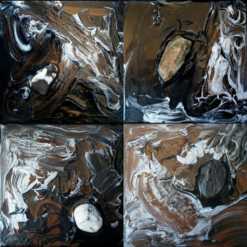 "Compos Sui". Quadriptyque 4x(20x20cm). Acrylique, pierre sur toile. "Compos Sui". Quadriptyque 4x(20x20cm). Acrylique, pierre sur toile.