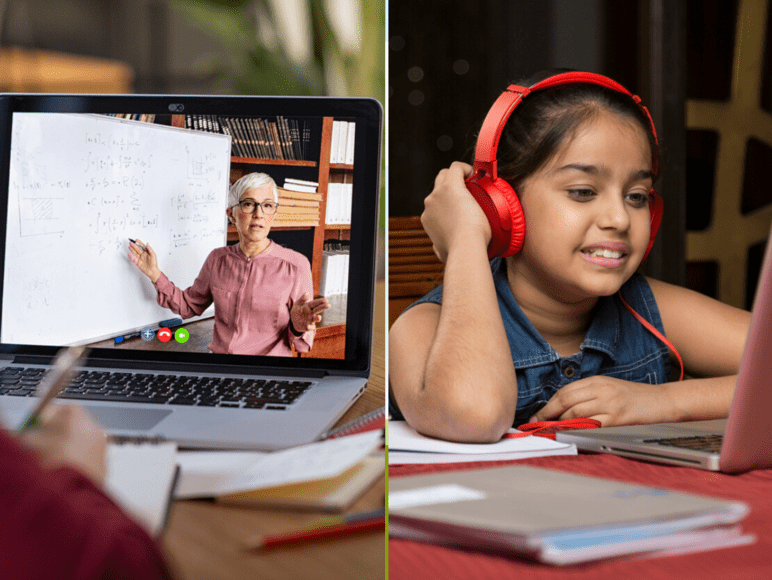 Children studying online. Children studying online.