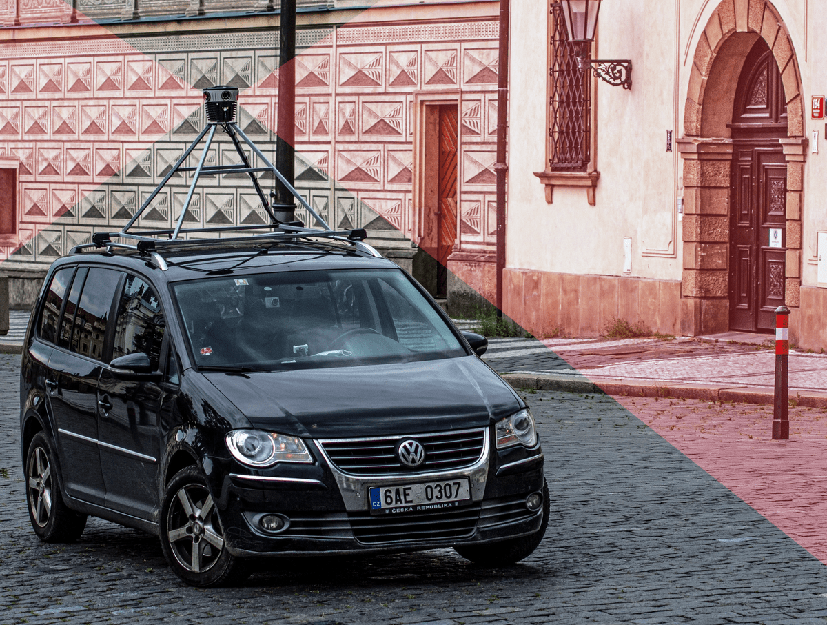 The Mosaic 51 camera on top of a car in Prague's city center, capturing 360 images for mobile mapping purposes. The Mosaic 51 camera on top of a car in Prague's city center, capturing 360 images for mobile mapping purposes.