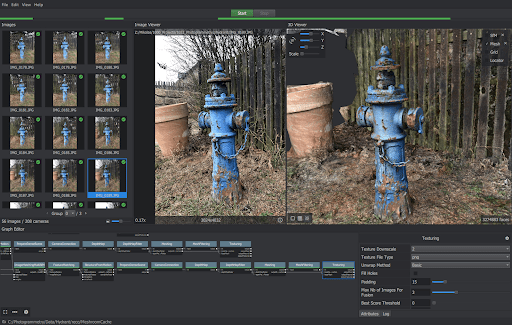 A view of blue fire hydrants within Meshroom, a free, open-source photogrammetry software from AliceVIsion. A view of blue fire hydrants within Meshroom, a free, open-source photogrammetry software from AliceVIsion.