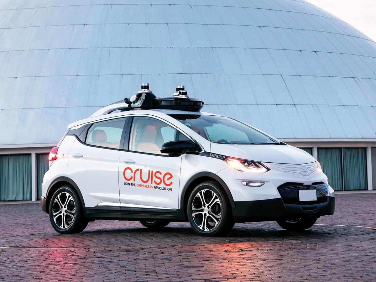 Photograph of General Motor's cruise self-driving car. Photograph of General Motor's cruise self-driving car.
