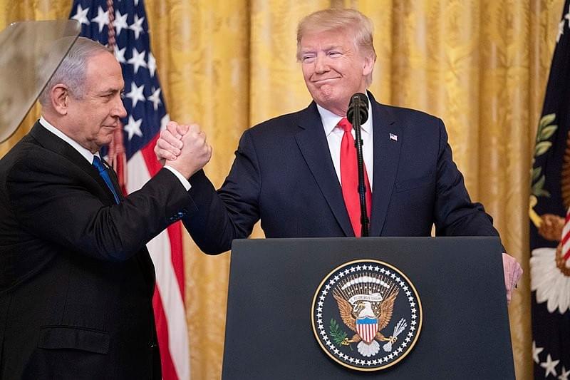 PM of Israel Netanyahu w/US President Trump during announcement of Trump Vision for peace PM of Israel Netanyahu w/US President Trump during announcement of Trump Vision for peace