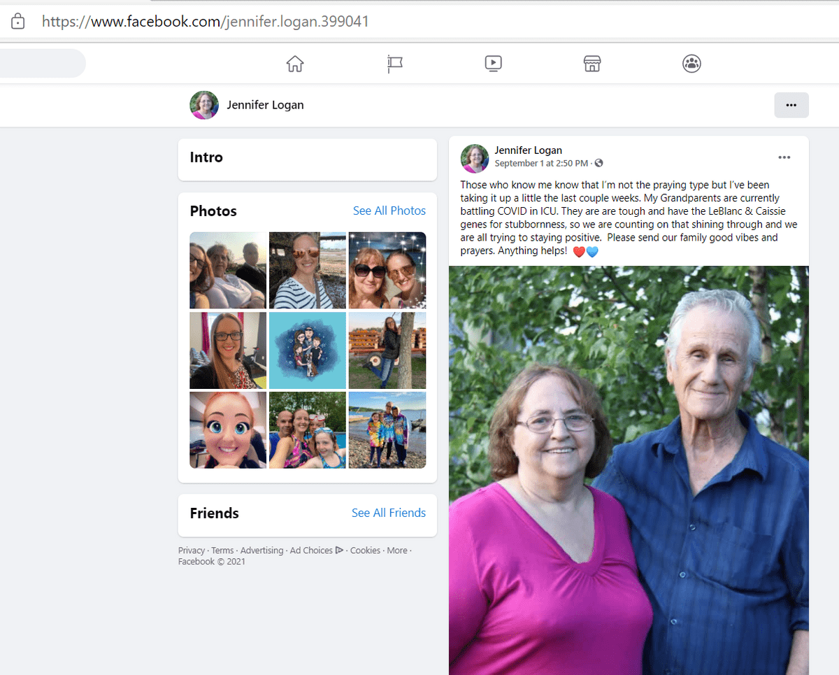 Jennifer Logan Facebook post re grand-parents in hospital w/COVID, 210901 Jennifer Logan Facebook post re grand-parents in hospital w/COVID, 210901