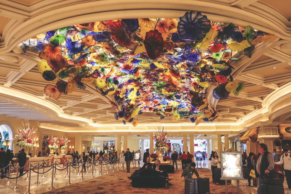 modern hotel lobby at the best Bellagio hotel with colorful flowers at top hotels in Las Vegas modern hotel lobby at the best Bellagio hotel with colorful flowers at top hotels in Las Vegas