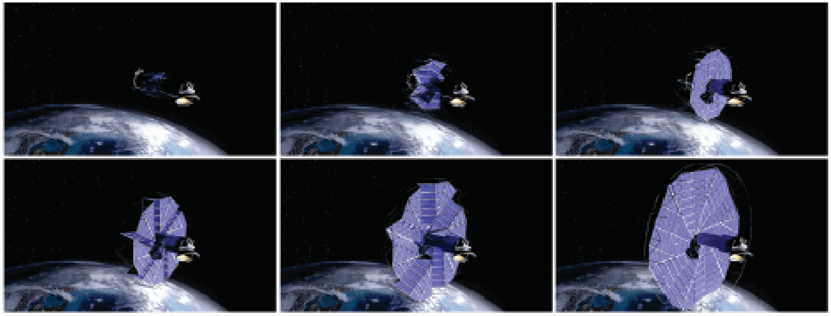 A computer-generated model of the solar array as it might work on a spacecraft. The solar array is compact for launch, then deploys when in space. (Credit: Journal of Mechanical Design) A computer-generated model of the solar array as it might work on a spacecraft. The solar array is compact for launch, then deploys when in space. (Credit: Journal of Mechanical Design)