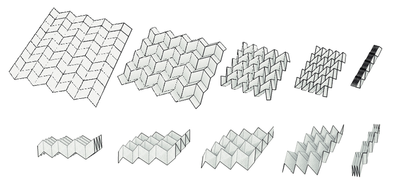Picture from (https://www.researchgate.net/figure/Folding-motions-of-Miura-ori-Top-and-eggbox-pattern-Bottom_fig1_226548604) and uploaded by Tomohiro Tachi Picture from (https://www.researchgate.net/figure/Folding-motions-of-Miura-ori-Top-and-eggbox-pattern-Bottom_fig1_226548604) and uploaded by Tomohiro Tachi