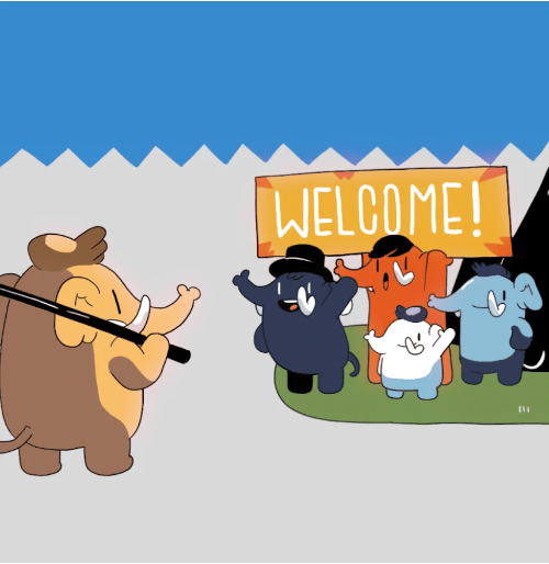 digital illustration of cartoony mastodons using a large "welcome!" sign to greet a fellow mastodon digital illustration of cartoony mastodons using a large "welcome!" sign to greet a fellow mastodon