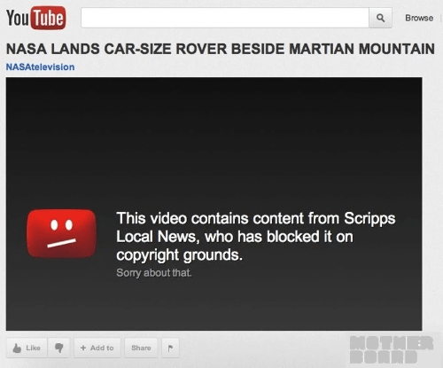screenshot of YouTube video from NASAtelevision titled "NASA LANDS CAR-SIZE ROVER BESIDE MARTIAN MOUNTAIN" with copyright takedown notice from YouTube replacing the video content screenshot of YouTube video from NASAtelevision titled "NASA LANDS CAR-SIZE ROVER BESIDE MARTIAN MOUNTAIN" with copyright takedown notice from YouTube replacing the video content
